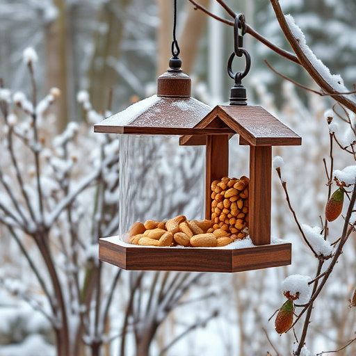 Peanut feeder surrounded by winter garden scenery