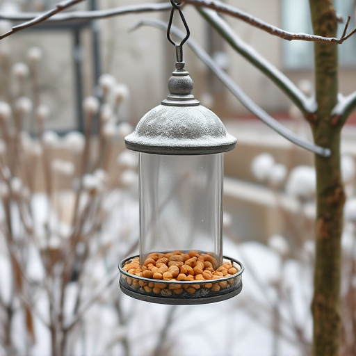 Peanut feeder surrounded by winter garden scenery