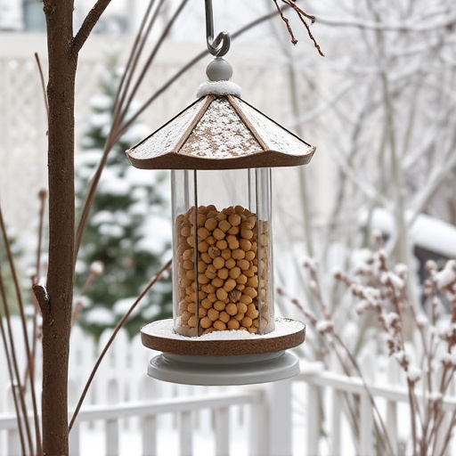 Peanut feeder surrounded by winter garden scenery