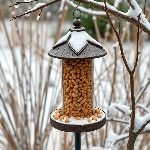 Peanut feeder surrounded by winter garden scenery