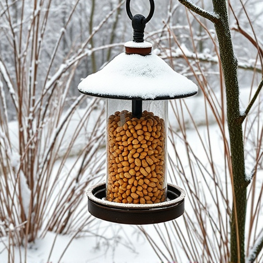 Peanut feeder surrounded by winter garden scenery