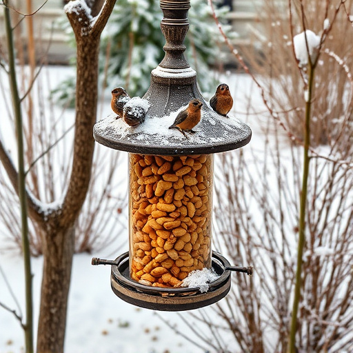 Peanut feeder surrounded by winter garden scenery