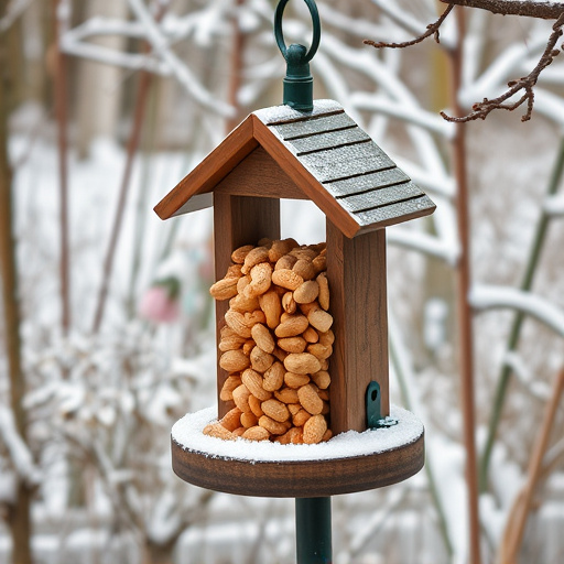 Peanut feeder surrounded by winter garden scenery