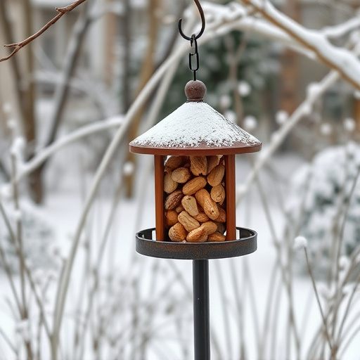 Peanut feeder surrounded by winter garden scenery