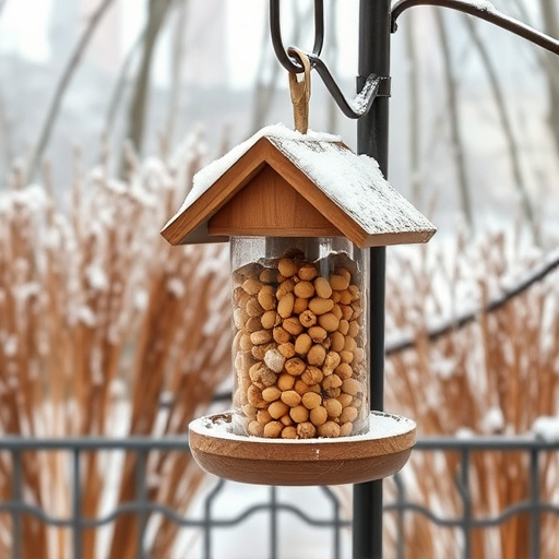 Peanut feeder surrounded by winter garden scenery