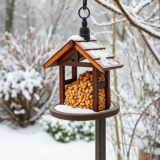 Peanut feeder surrounded by winter garden scenery