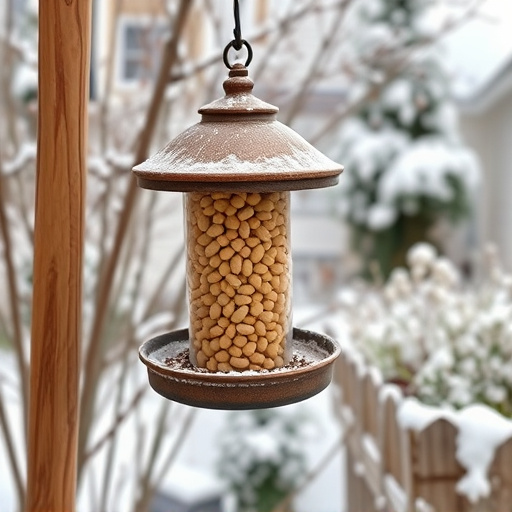 Peanut feeder surrounded by winter garden scenery