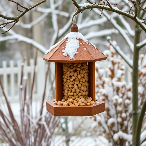 Peanut feeder surrounded by winter garden scenery