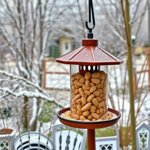 Peanut feeder surrounded by winter garden scenery