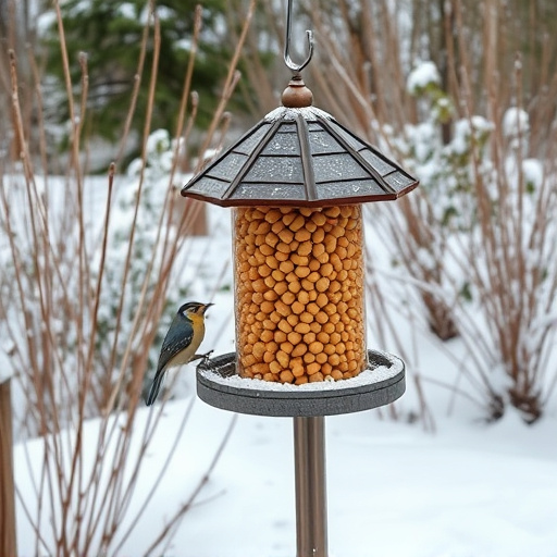 Peanut feeder surrounded by winter garden scenery