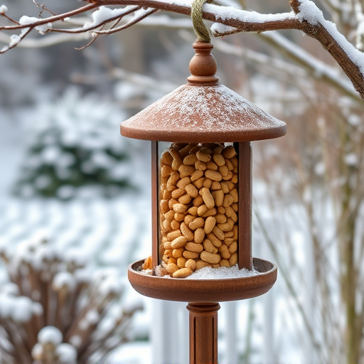 Peanut feeder surrounded by winter garden scenery