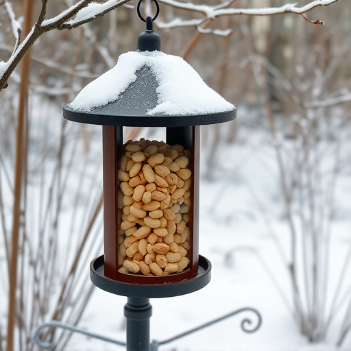 Peanut feeder surrounded by winter garden scenery