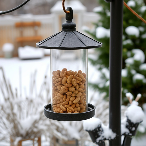 Peanut feeder surrounded by winter garden scenery