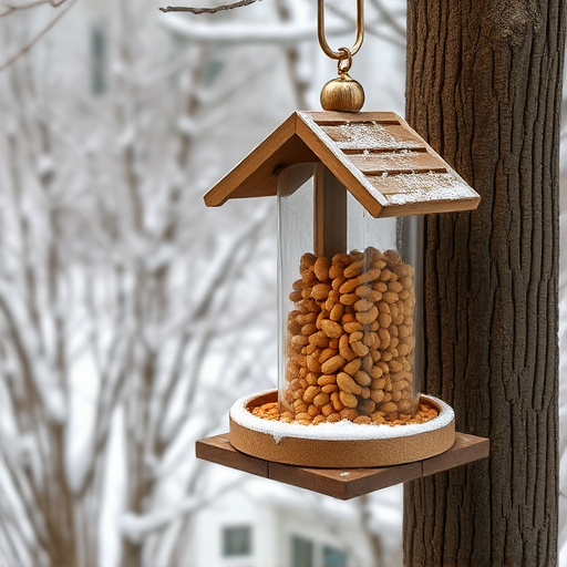 Peanut feeder surrounded by winter garden scenery