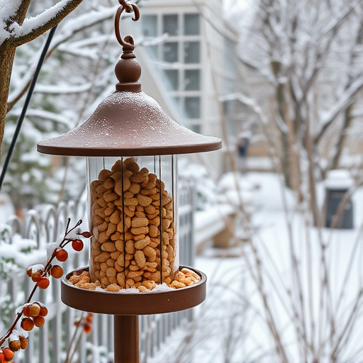 Peanut feeder surrounded by winter garden scenery