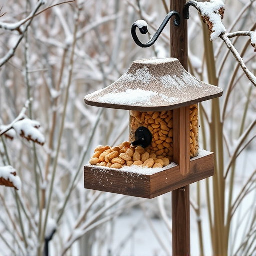 Peanut feeder surrounded by winter garden scenery