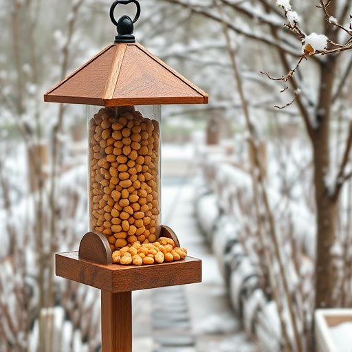 Peanut feeder surrounded by winter garden scenery