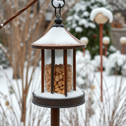 Peanut feeder surrounded by winter garden scenery