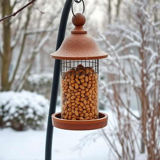 Peanut feeder surrounded by winter garden scenery