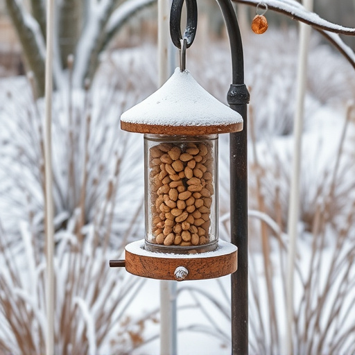 Peanut feeder surrounded by winter garden scenery