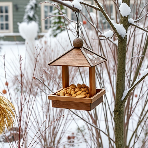 Peanut feeder surrounded by winter garden scenery