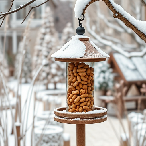Peanut feeder surrounded by winter garden scenery