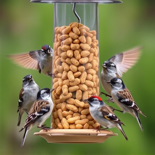 Peanuts in feeder surrounded by sparrows