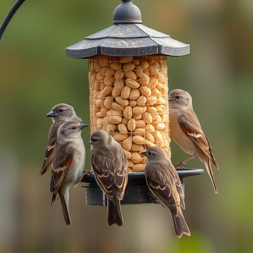 Peanuts in feeder surrounded by sparrows