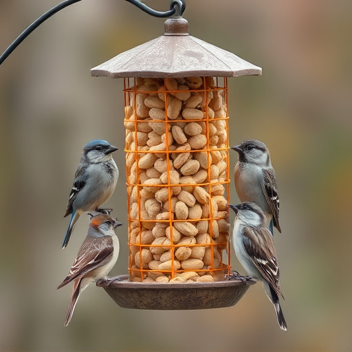 Peanuts in feeder surrounded by sparrows