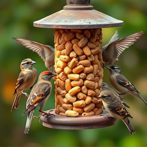 Peanuts in feeder surrounded by sparrows