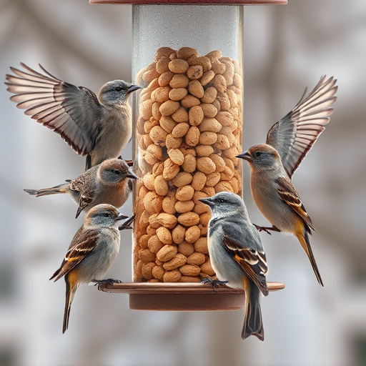 Peanuts in feeder surrounded by sparrows