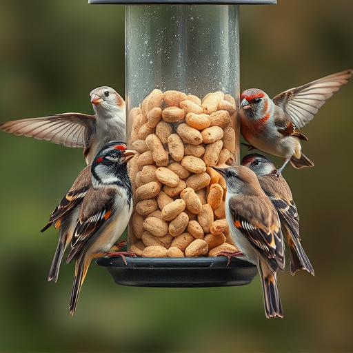 Peanuts in feeder surrounded by sparrows