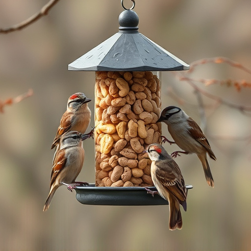 Peanuts in feeder surrounded by sparrows