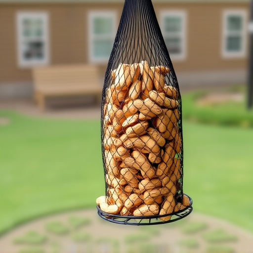 Peanuts in mesh feeder hanging outdoors
