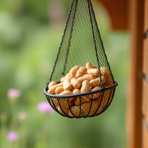Peanuts in mesh feeder hanging outdoors