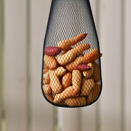 Peanuts in mesh feeder hanging outdoors