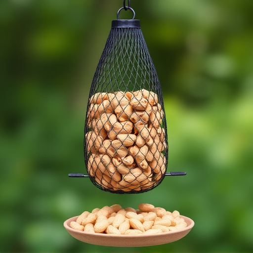 Peanuts offered in mesh bird feeder