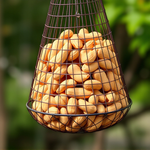 Peanuts offered in mesh bird feeder