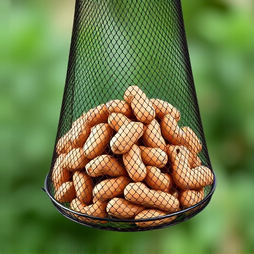Peanuts offered in mesh bird feeder