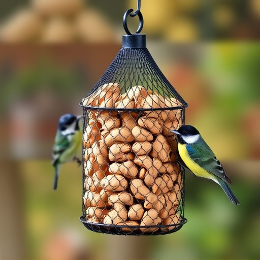 Peanuts offered in mesh bird feeder