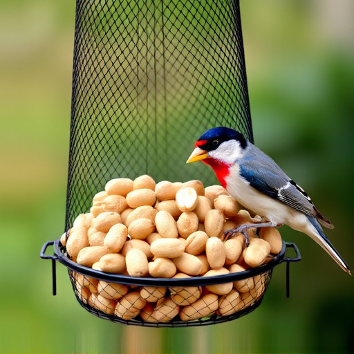 Peanuts offered in mesh bird feeder