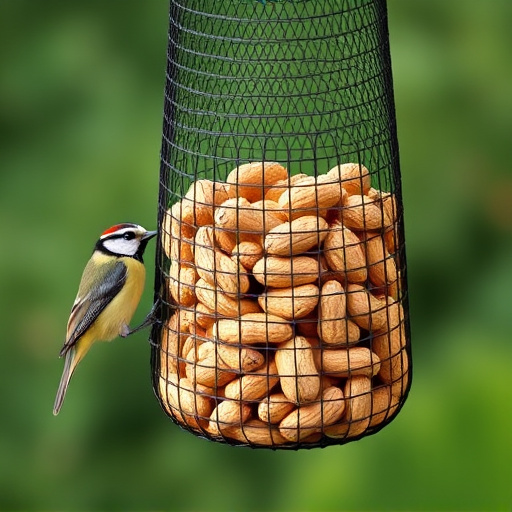 Peanuts offered in mesh bird feeder