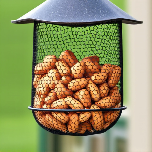 Peanuts offered in mesh bird feeder