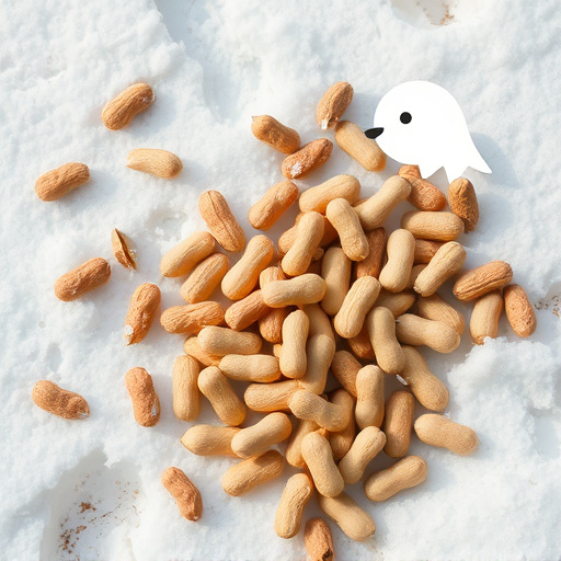 Peanuts scattered on snowy ground