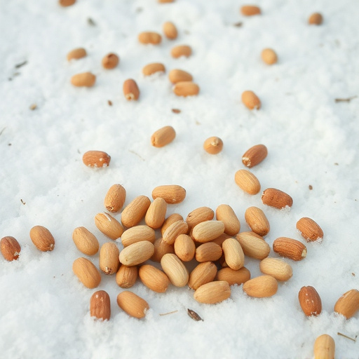 Peanuts scattered on snowy ground