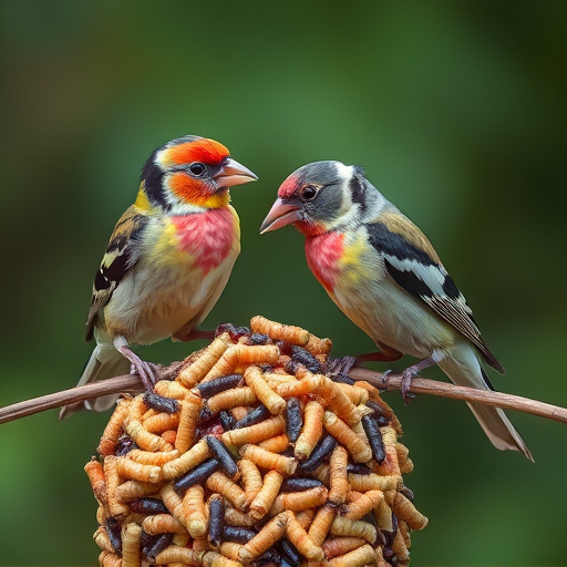 Perching finches enjoying dried mealworms
