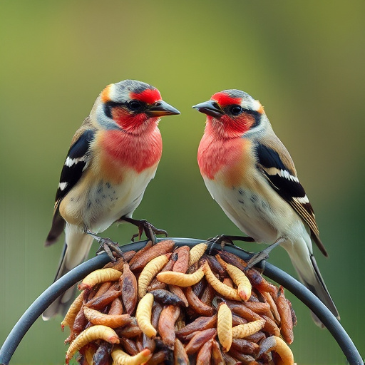 Perching finches enjoying dried mealworms