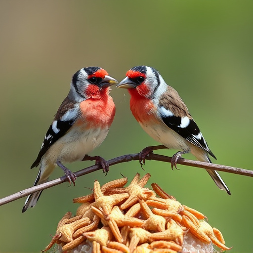 Perching finches enjoying dried mealworms