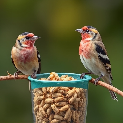 Perching finches enjoying dried mealworms