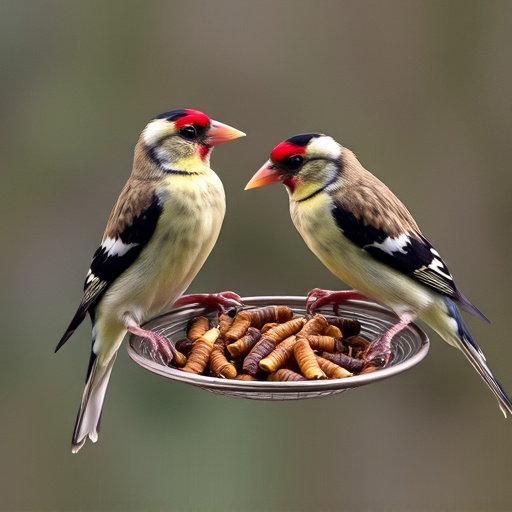 Perching finches enjoying dried mealworms